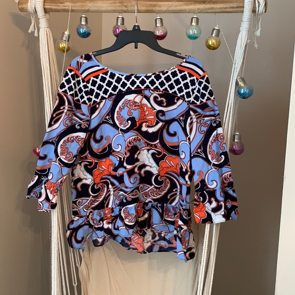 Crown & Ivy- Medium Blue, Orange, White woman’s top